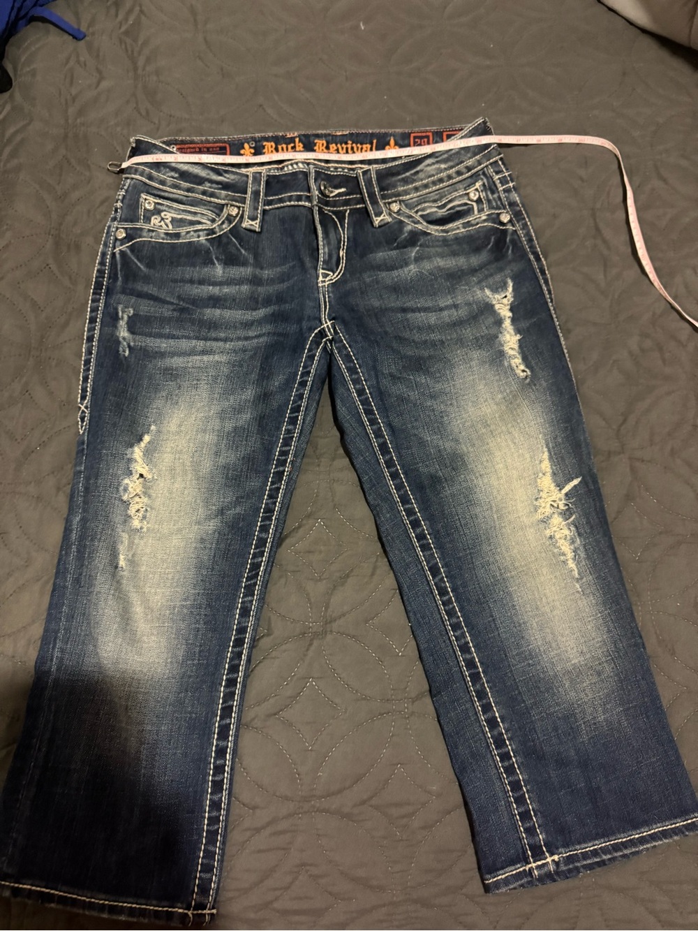 Women's Rock Revival Crop jeans  Distressed Dark Blue Cropped Jeans